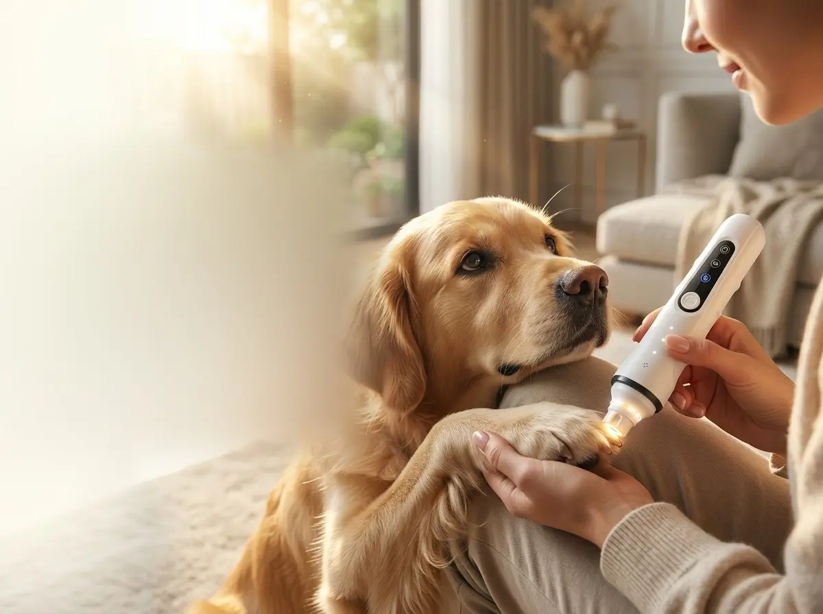 Illustrative styled photo of a dog being groomed at home