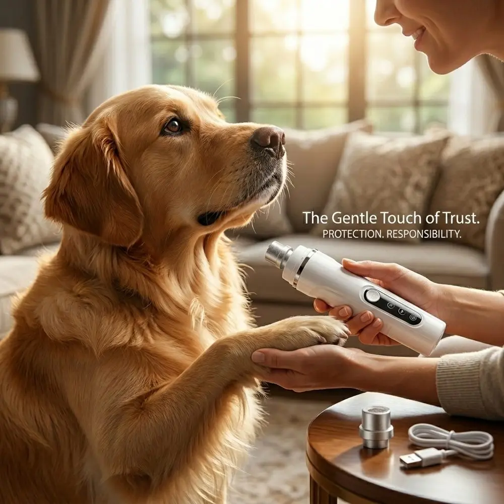 Illustrative photo: owner and dog facing each other, paw in hand, device and cable visible on side table