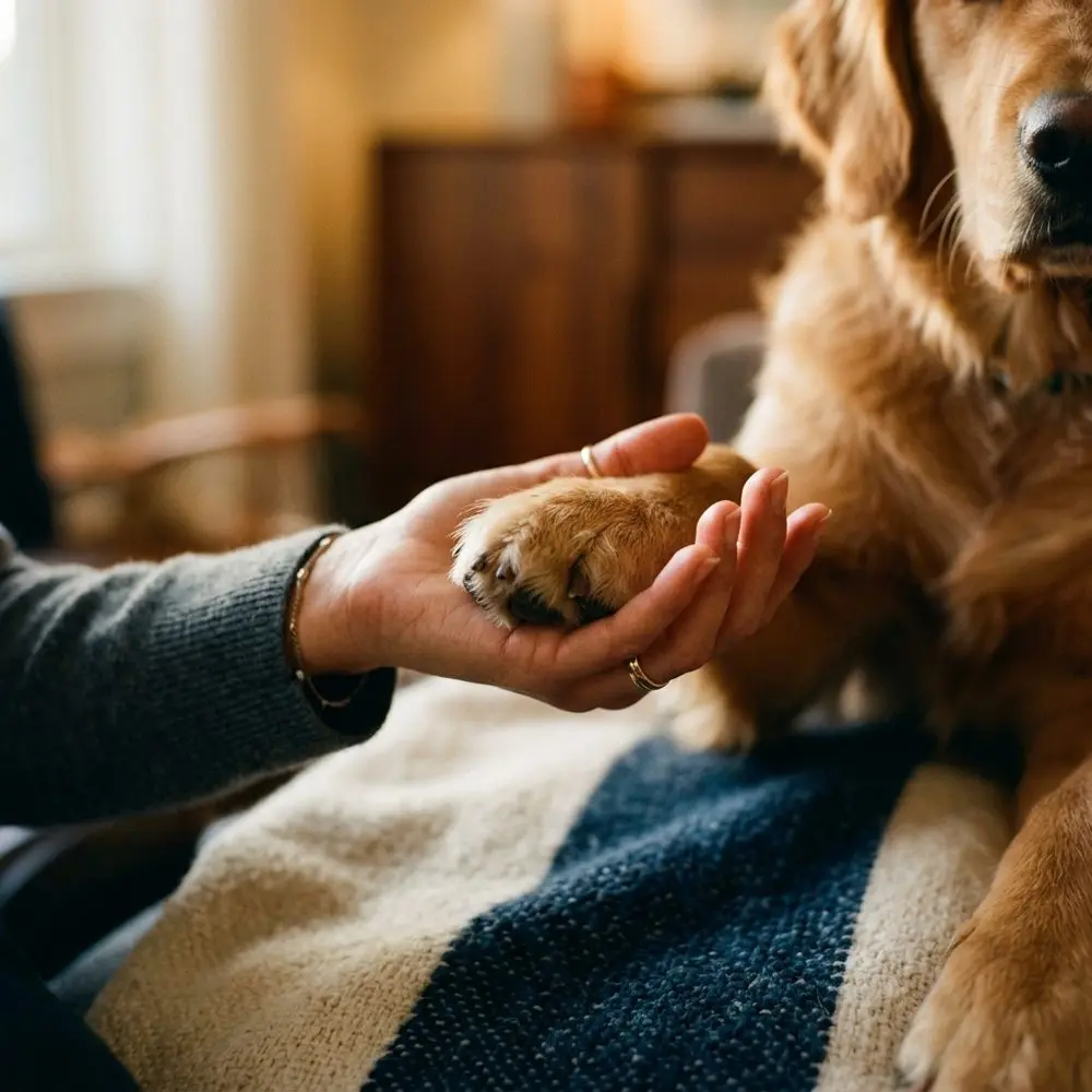 Illustrative photo: close-up of a dog's paw resting gently in an owner's open hand