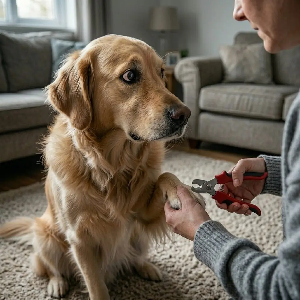 Illustrative photo: dog watching warily as owner holds traditional clippers, showing the old way of trimming