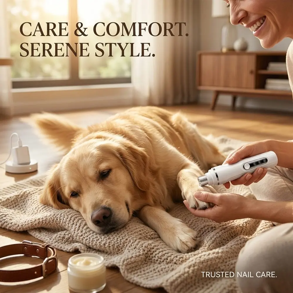 Illustrative photo: relaxed dog lying on a blanket while owner uses the grinder on its paw