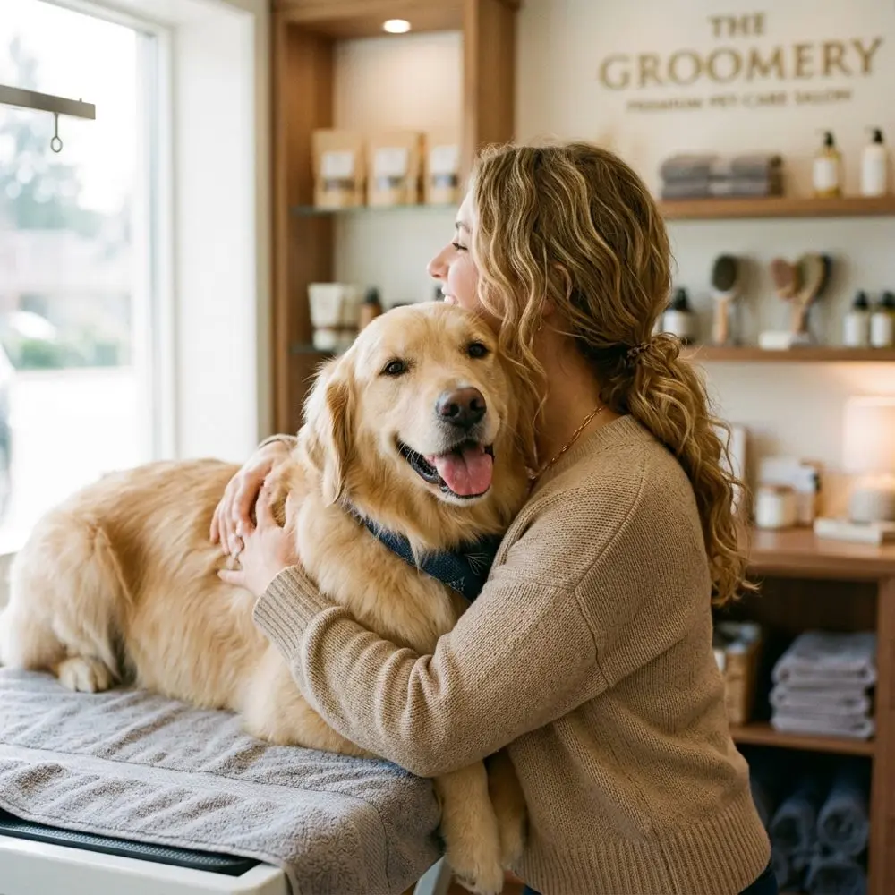 Illustrative photo: groomer embracing a happy dog at a pet care salon