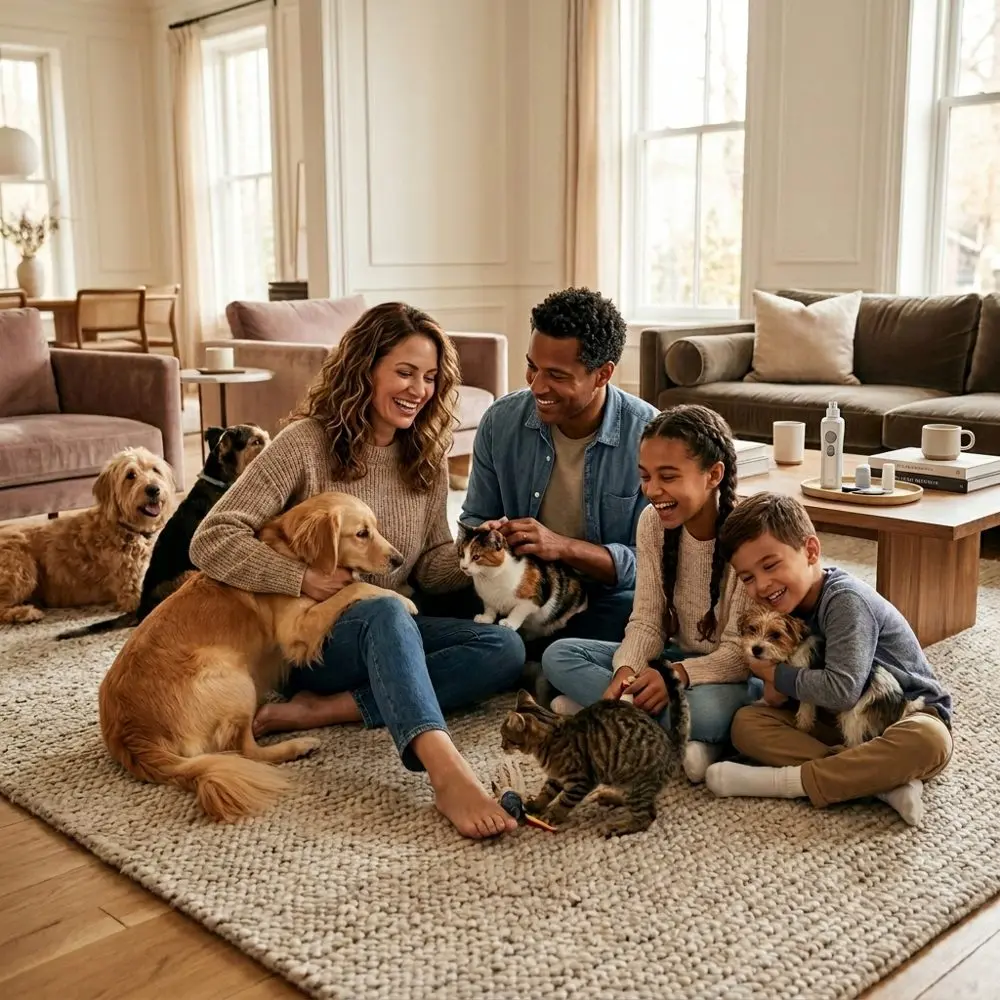 Illustrative photo: family with multiple dogs and cats together in a living room