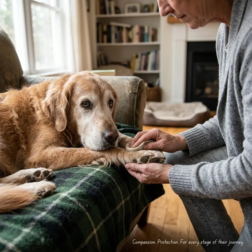 Illustrative photo: owner gently cleaning an older dog's paw at home