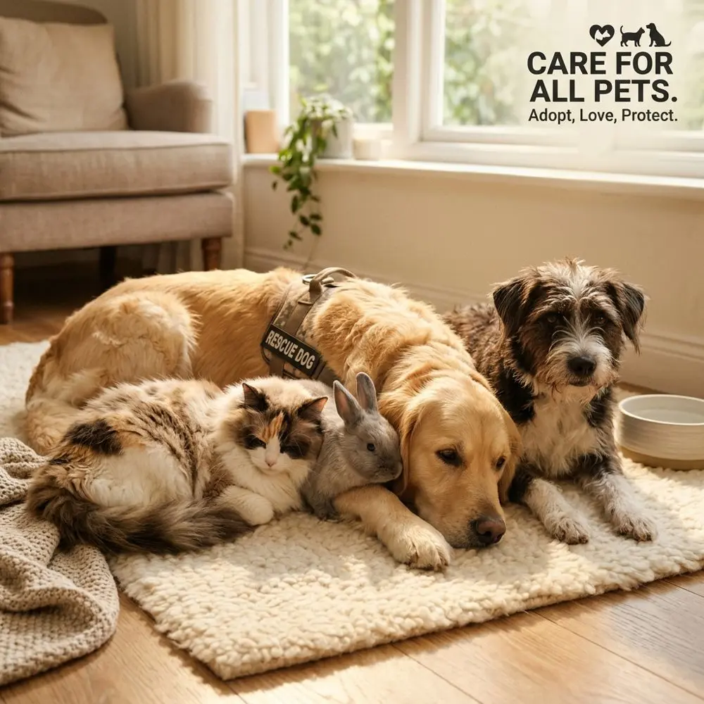Illustrative photo: a cat, dog, and rabbit resting together, care for all pets