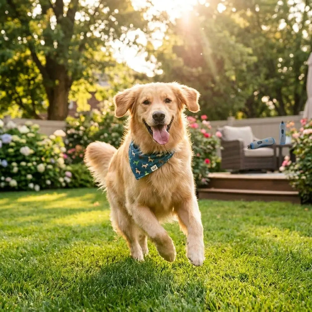 Illustrative photo: happy dog running in a sunlit backyard garden