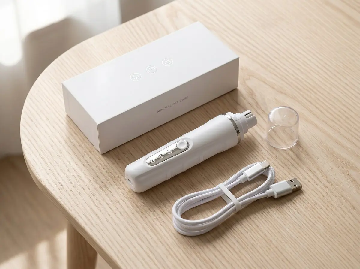 Illustrative styled photo of the device and its USB charging cable