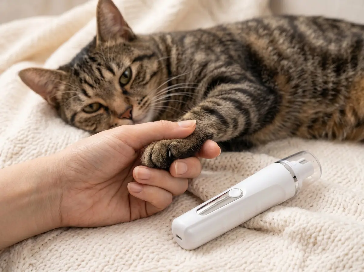 Illustrative photo of a relaxed cat with the nail grinder resting nearby