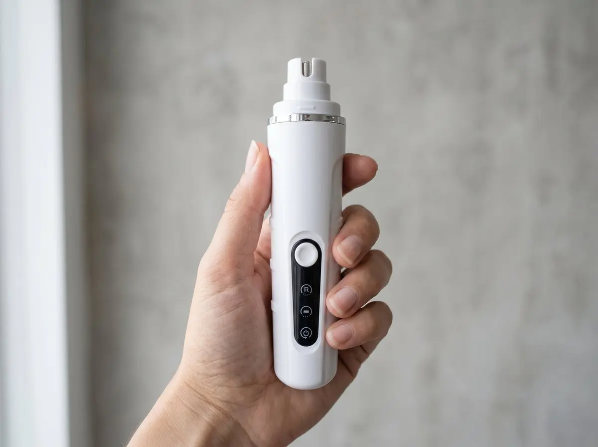 Illustrative photo showing the device held in an adult hand for size reference
